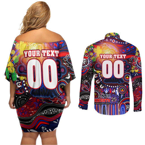 Personalised NAIDOC Week 2025 Knights Rugby Couples Matching Off Shoulder Short Dress and Long Sleeve Button Shirt Aboriginal Dot Painting
