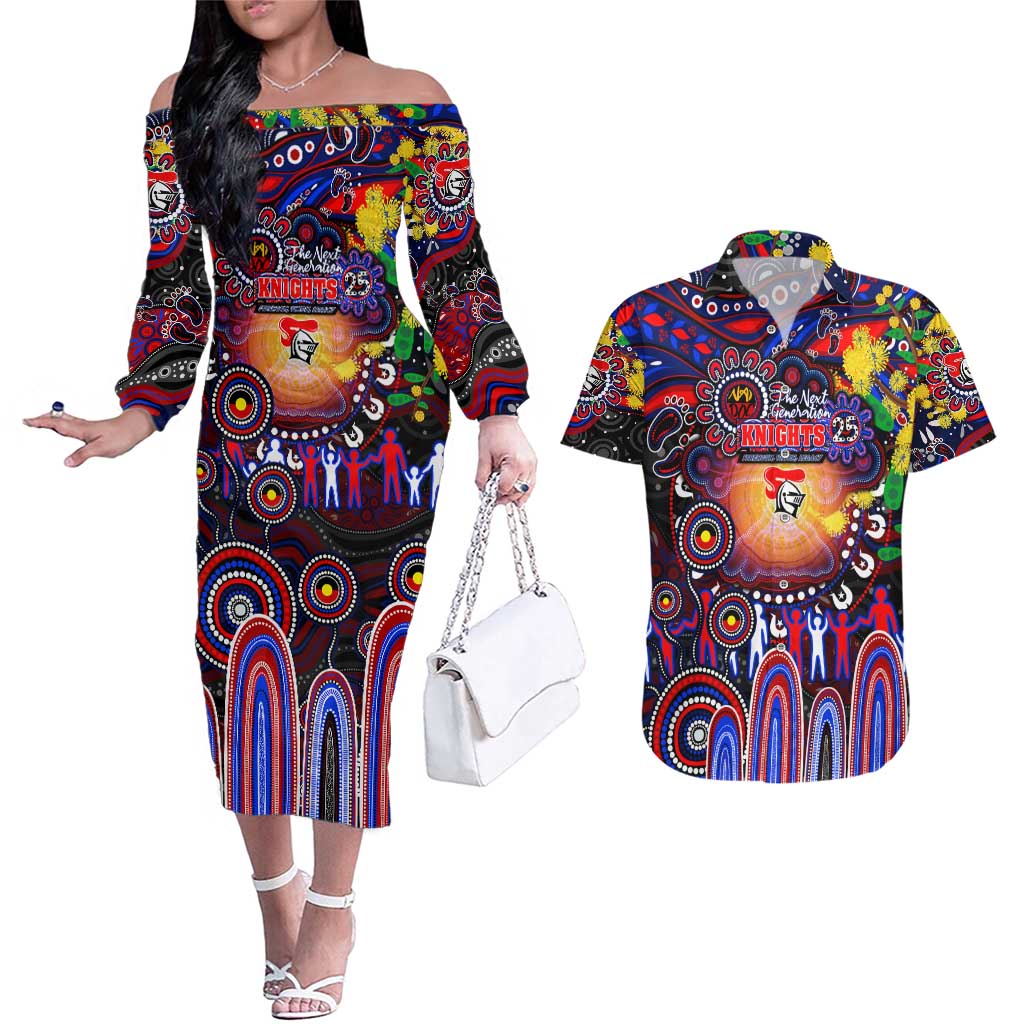 Personalised NAIDOC Week 2025 Knights Rugby Couples Matching Off The Shoulder Long Sleeve Dress and Hawaiian Shirt Aboriginal Dot Painting