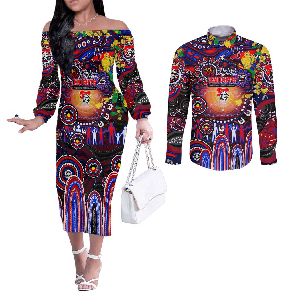 Personalised NAIDOC Week 2025 Knights Rugby Couples Matching Off The Shoulder Long Sleeve Dress and Long Sleeve Button Shirt Aboriginal Dot Painting