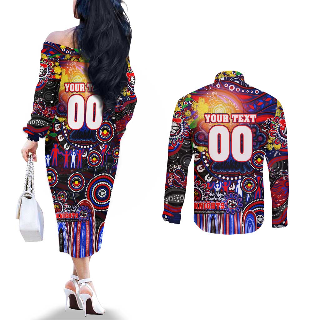 Personalised NAIDOC Week 2025 Knights Rugby Couples Matching Off The Shoulder Long Sleeve Dress and Long Sleeve Button Shirt Aboriginal Dot Painting