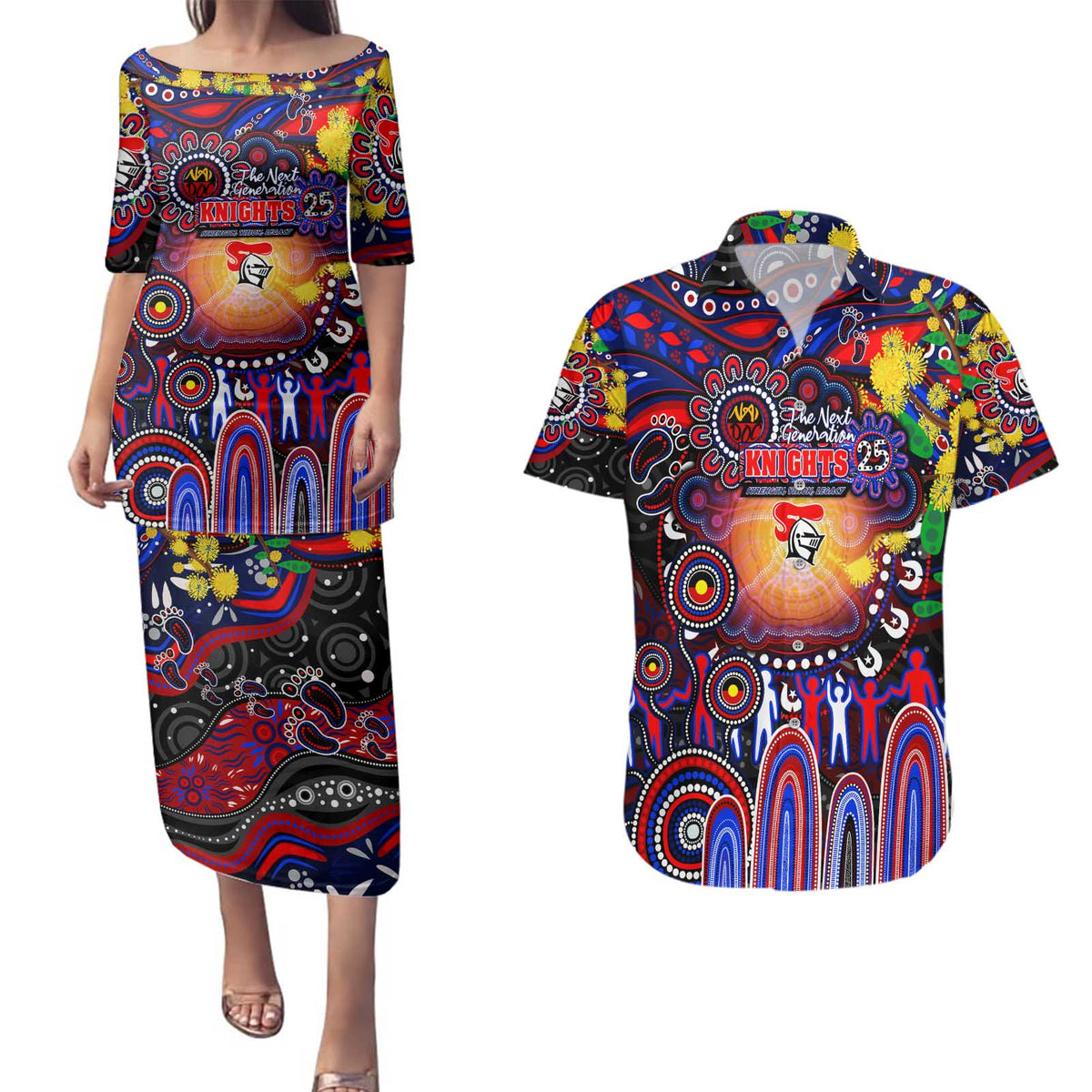Personalised NAIDOC Week 2025 Knights Rugby Couples Matching Puletasi and Hawaiian Shirt Aboriginal Dot Painting