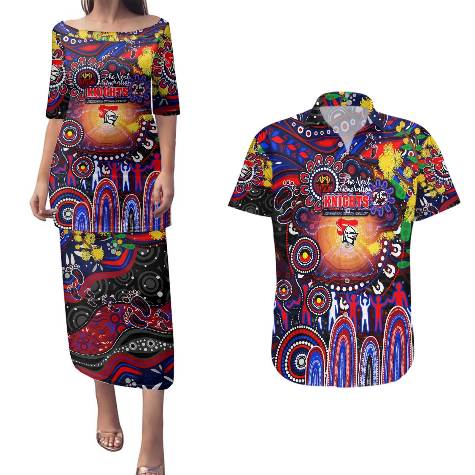 Personalised NAIDOC Week 2025 Knights Rugby Couples Matching Puletasi and Hawaiian Shirt Aboriginal Dot Painting