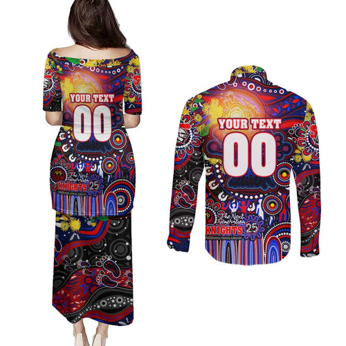 Personalised NAIDOC Week 2025 Knights Rugby Couples Matching Puletasi and Long Sleeve Button Shirt Aboriginal Dot Painting
