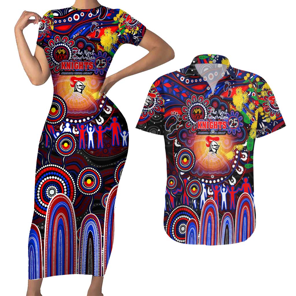 Personalised NAIDOC Week 2025 Knights Rugby Couples Matching Short Sleeve Bodycon Dress and Hawaiian Shirt Aboriginal Dot Painting