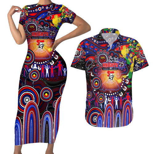 Personalised NAIDOC Week 2025 Knights Rugby Couples Matching Short Sleeve Bodycon Dress and Hawaiian Shirt Aboriginal Dot Painting