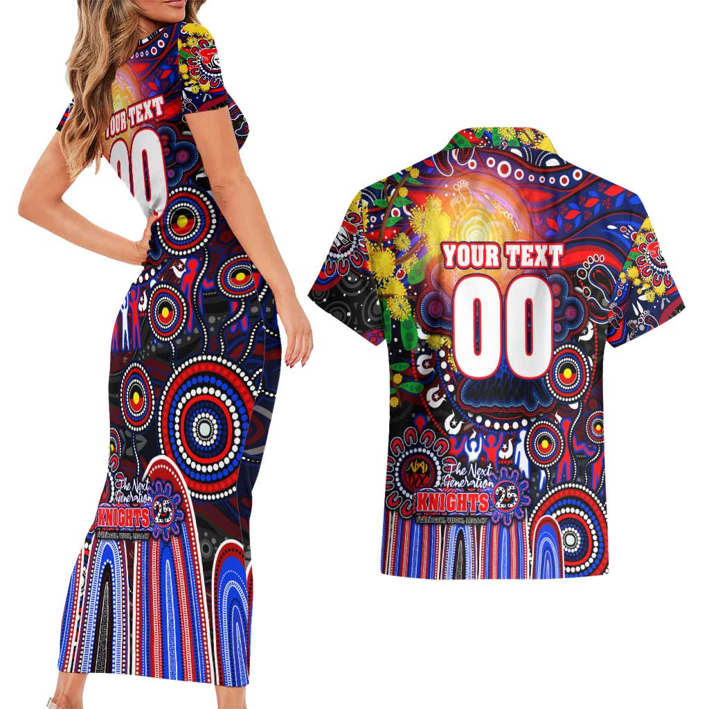 Personalised NAIDOC Week 2025 Knights Rugby Couples Matching Short Sleeve Bodycon Dress and Hawaiian Shirt Aboriginal Dot Painting