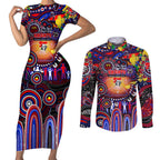Personalised NAIDOC Week 2025 Knights Rugby Couples Matching Short Sleeve Bodycon Dress and Long Sleeve Button Shirt Aboriginal Dot Painting