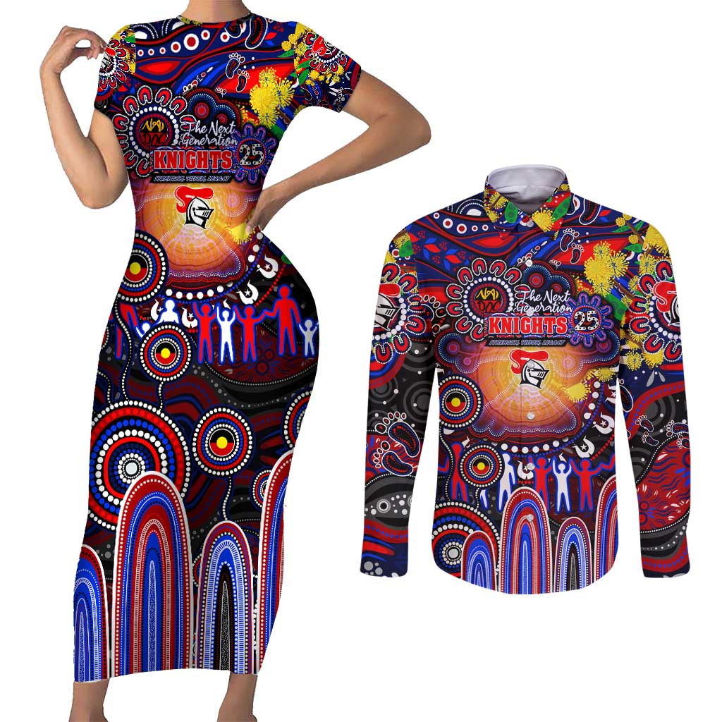 Personalised NAIDOC Week 2025 Knights Rugby Couples Matching Short Sleeve Bodycon Dress and Long Sleeve Button Shirt Aboriginal Dot Painting