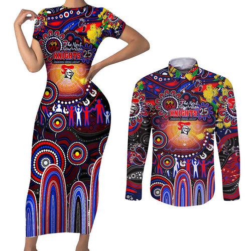 Personalised NAIDOC Week 2025 Knights Rugby Couples Matching Short Sleeve Bodycon Dress and Long Sleeve Button Shirt Aboriginal Dot Painting