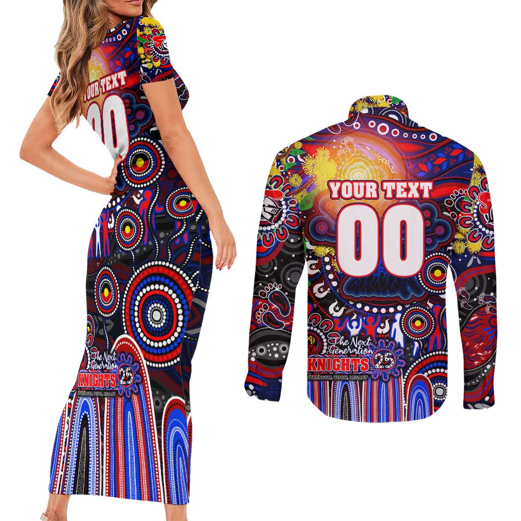 Personalised NAIDOC Week 2025 Knights Rugby Couples Matching Short Sleeve Bodycon Dress and Long Sleeve Button Shirt Aboriginal Dot Painting