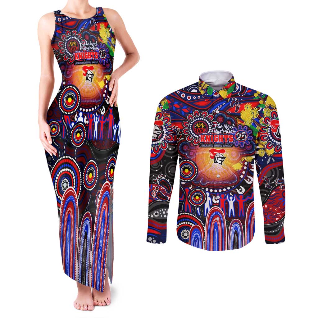 Personalised NAIDOC Week 2025 Knights Rugby Couples Matching Tank Maxi Dress and Long Sleeve Button Shirt Aboriginal Dot Painting