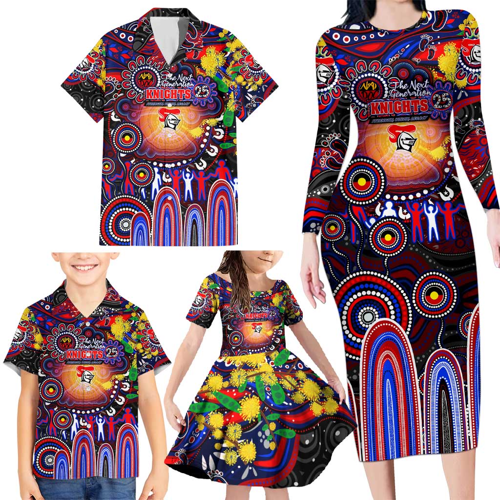 Personalised NAIDOC Week 2025 Knights Rugby Family Matching Long Sleeve Bodycon Dress and Hawaiian Shirt Aboriginal Dot Painting