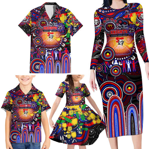 Personalised NAIDOC Week 2025 Knights Rugby Family Matching Long Sleeve Bodycon Dress and Hawaiian Shirt Aboriginal Dot Painting