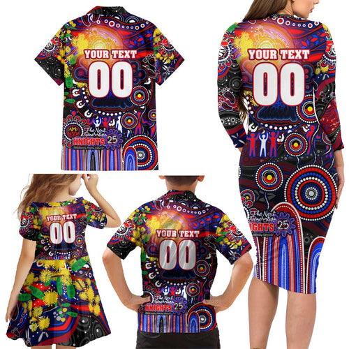 Personalised NAIDOC Week 2025 Knights Rugby Family Matching Long Sleeve Bodycon Dress and Hawaiian Shirt Aboriginal Dot Painting