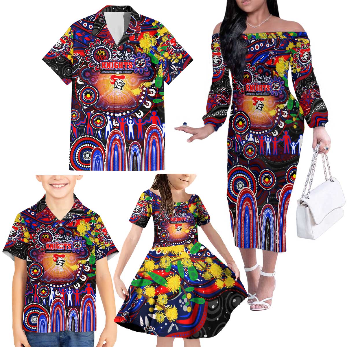 Personalised NAIDOC Week 2025 Knights Rugby Family Matching Off The Shoulder Long Sleeve Dress and Hawaiian Shirt Aboriginal Dot Painting