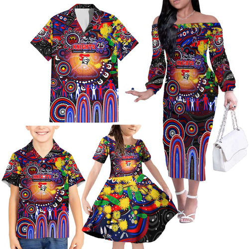 Personalised NAIDOC Week 2025 Knights Rugby Family Matching Off The Shoulder Long Sleeve Dress and Hawaiian Shirt Aboriginal Dot Painting