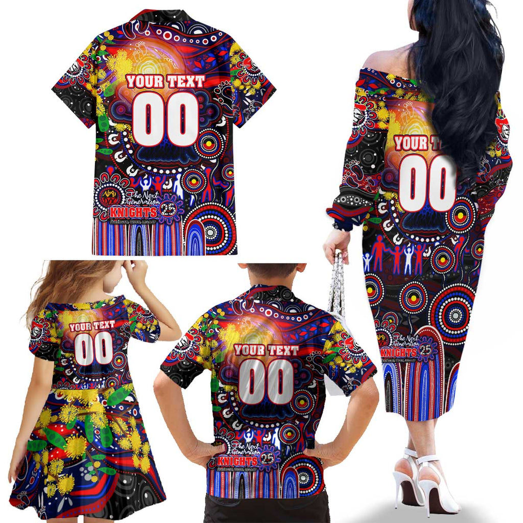 Personalised NAIDOC Week 2025 Knights Rugby Family Matching Off The Shoulder Long Sleeve Dress and Hawaiian Shirt Aboriginal Dot Painting