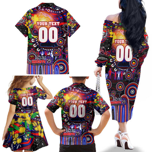 Personalised NAIDOC Week 2025 Knights Rugby Family Matching Off The Shoulder Long Sleeve Dress and Hawaiian Shirt Aboriginal Dot Painting