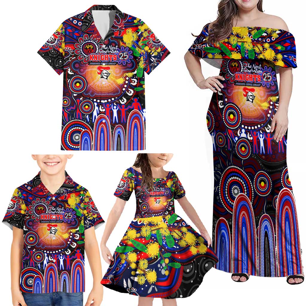 Personalised NAIDOC Week 2025 Knights Rugby Family Matching Off Shoulder Maxi Dress and Hawaiian Shirt Aboriginal Dot Painting