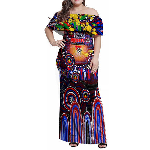 Personalised NAIDOC Week 2025 Knights Rugby Family Matching Off Shoulder Maxi Dress and Hawaiian Shirt Aboriginal Dot Painting