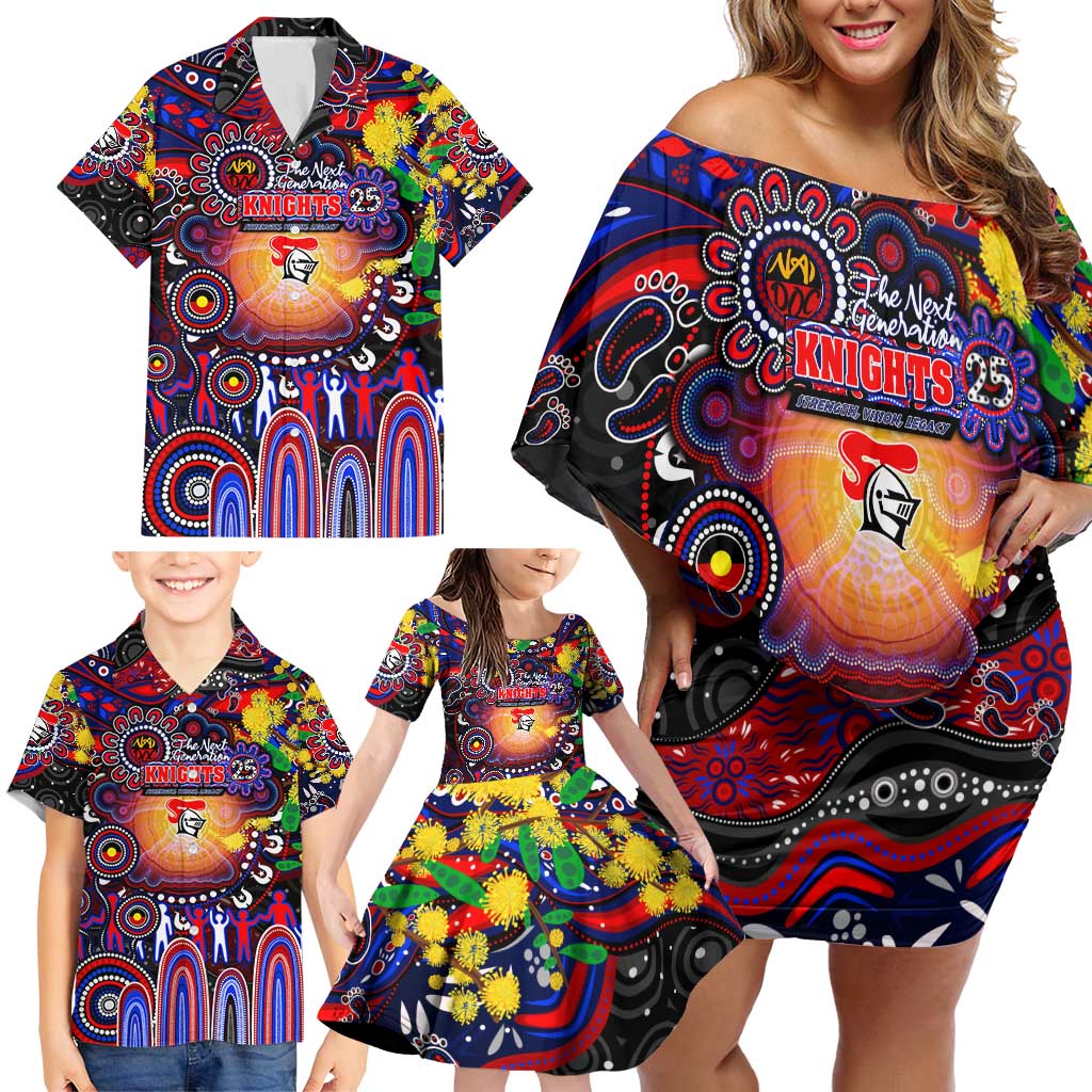 Personalised NAIDOC Week 2025 Knights Rugby Family Matching Off Shoulder Short Dress and Hawaiian Shirt Aboriginal Dot Painting