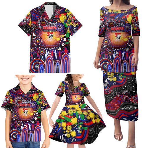 Personalised NAIDOC Week 2025 Knights Rugby Family Matching Puletasi and Hawaiian Shirt Aboriginal Dot Painting
