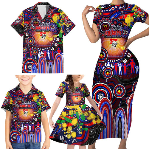 Personalised NAIDOC Week 2025 Knights Rugby Family Matching Short Sleeve Bodycon Dress and Hawaiian Shirt Aboriginal Dot Painting