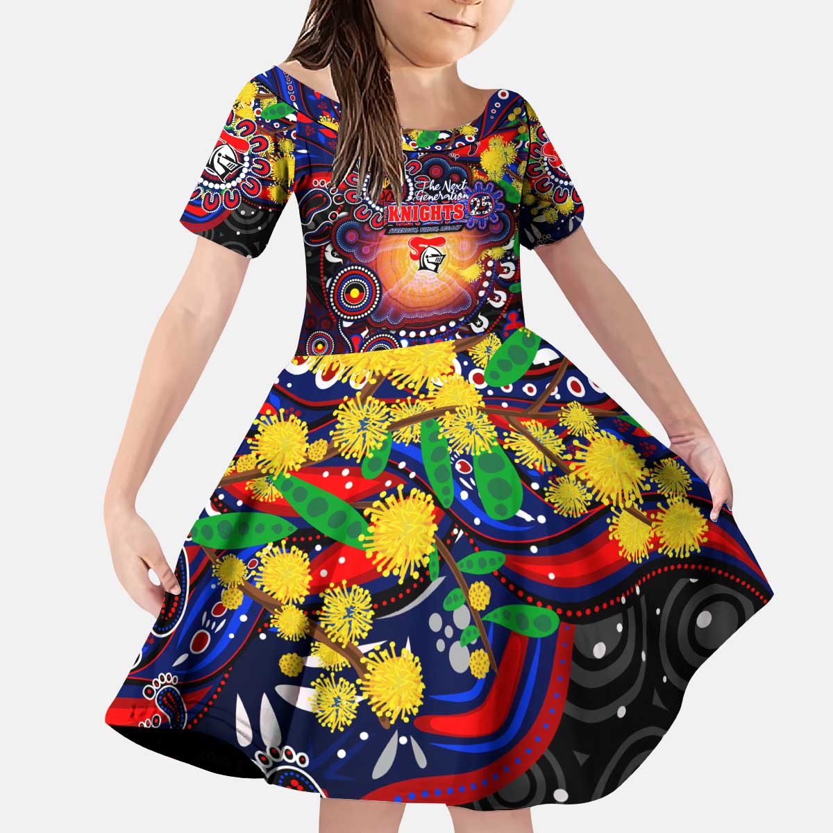 Personalised NAIDOC Week 2025 Knights Rugby Kid Short Sleeve Dress Aboriginal Dot Painting