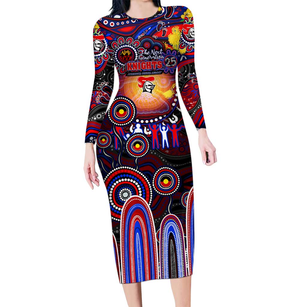 Personalised NAIDOC Week 2025 Knights Rugby Long Sleeve Bodycon Dress Aboriginal Dot Painting