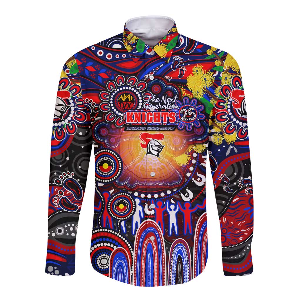 Personalised NAIDOC Week 2025 Knights Rugby Long Sleeve Button Shirt Aboriginal Dot Painting