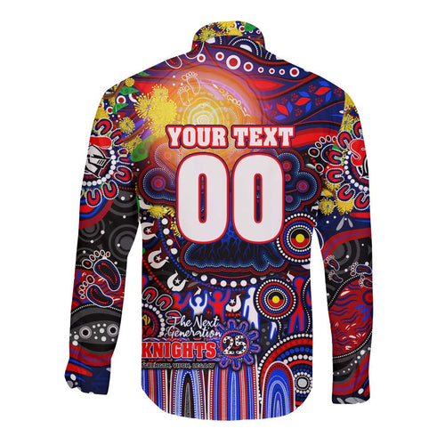 Personalised NAIDOC Week 2025 Knights Rugby Long Sleeve Button Shirt Aboriginal Dot Painting