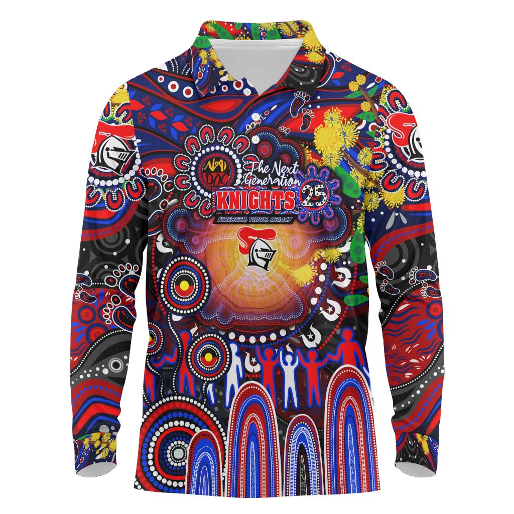 Personalised NAIDOC Week 2025 Knights Rugby Long Sleeve Polo Shirt Aboriginal Dot Painting