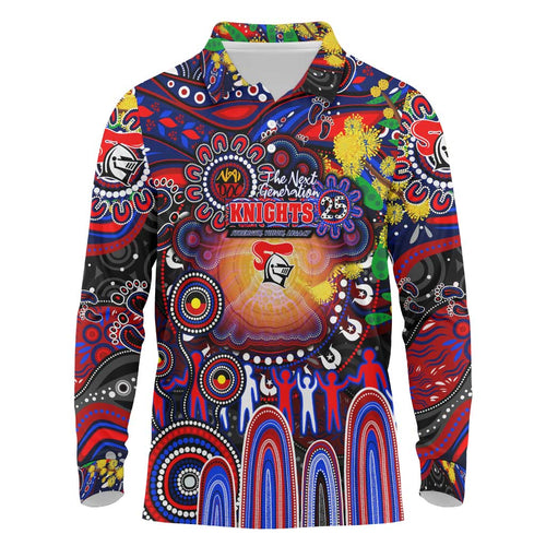 Personalised NAIDOC Week 2025 Knights Rugby Long Sleeve Polo Shirt Aboriginal Dot Painting