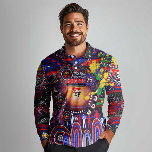 Personalised NAIDOC Week 2025 Knights Rugby Long Sleeve Polo Shirt Aboriginal Dot Painting
