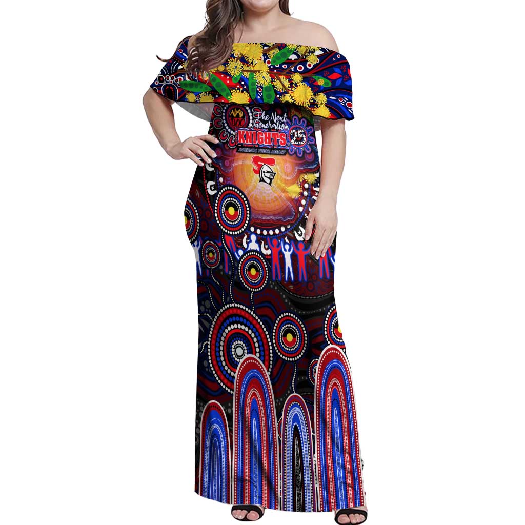 Personalised NAIDOC Week 2025 Knights Rugby Off Shoulder Maxi Dress Aboriginal Dot Painting