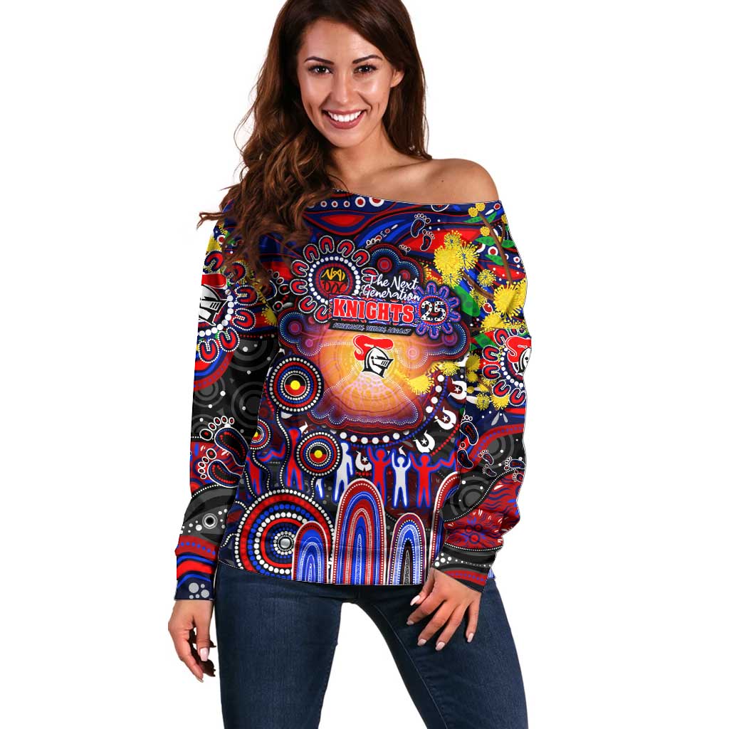 Personalised NAIDOC Week 2025 Knights Rugby Off Shoulder Sweater Aboriginal Dot Painting