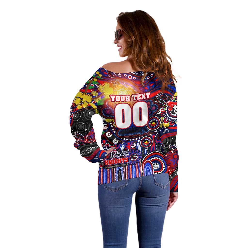 Personalised NAIDOC Week 2025 Knights Rugby Off Shoulder Sweater Aboriginal Dot Painting