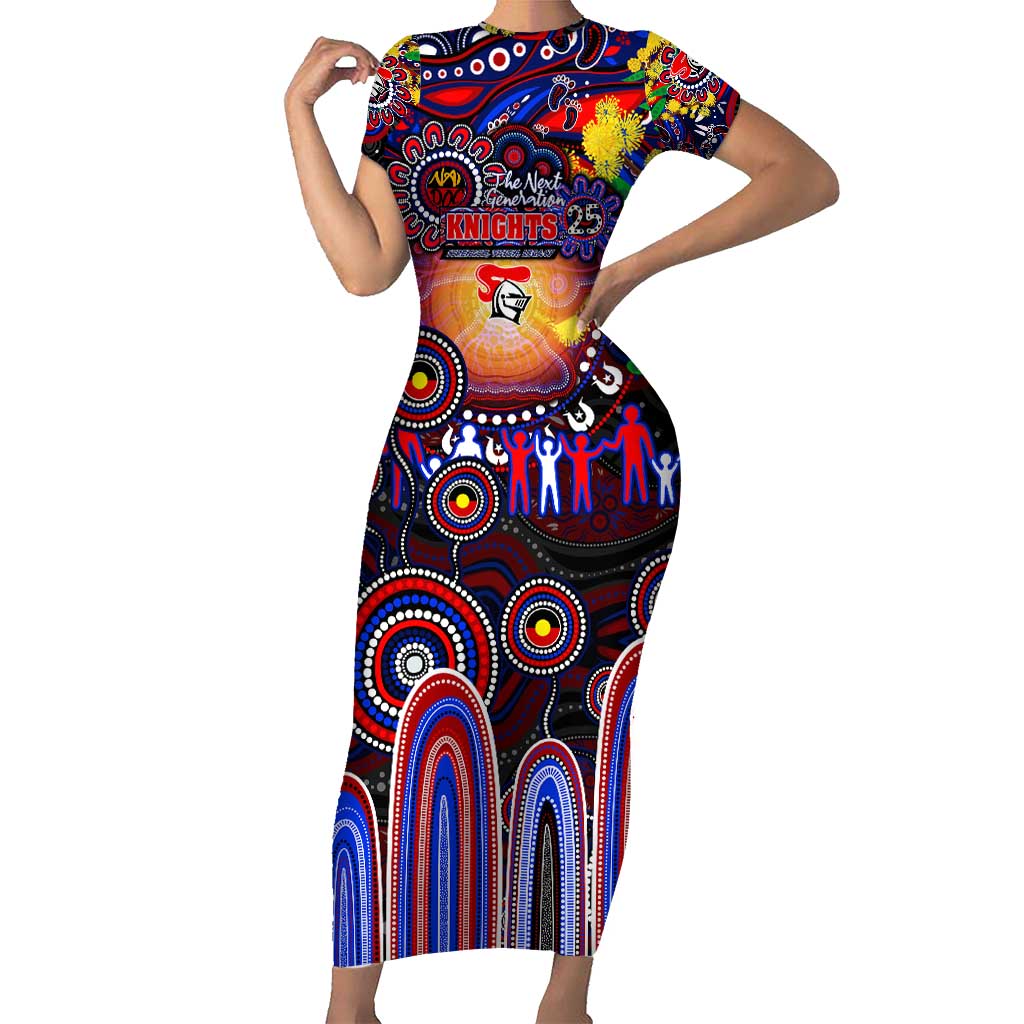 Personalised NAIDOC Week 2025 Knights Rugby Short Sleeve Bodycon Dress Aboriginal Dot Painting