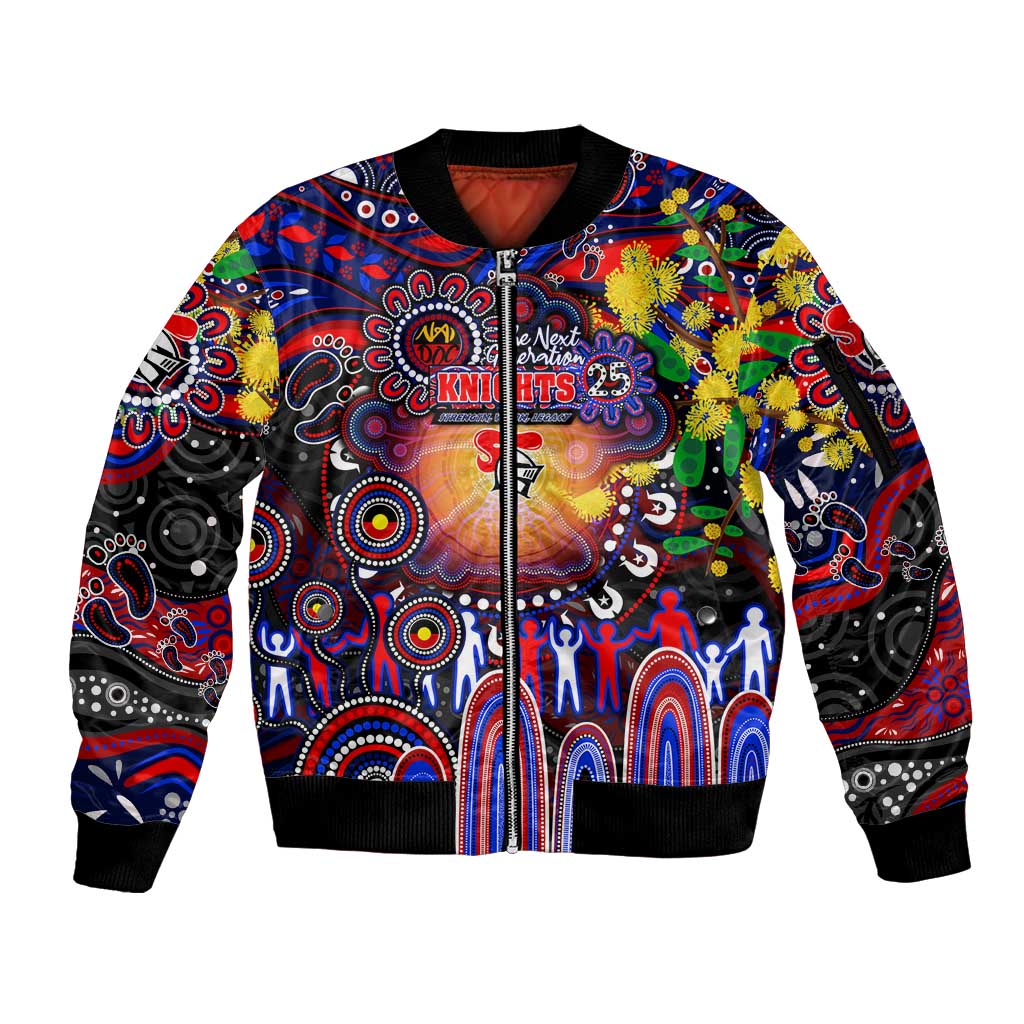 Personalised NAIDOC Week 2025 Knights Rugby Sleeve Zip Bomber Jacket Aboriginal Dot Painting