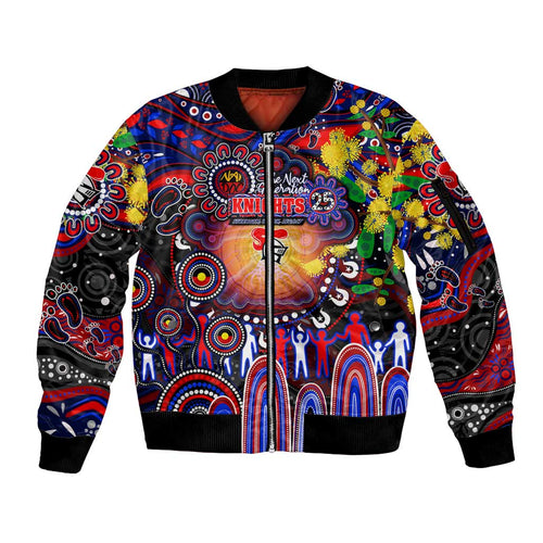 Personalised NAIDOC Week 2025 Knights Rugby Sleeve Zip Bomber Jacket Aboriginal Dot Painting