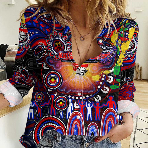 Personalised NAIDOC Week 2025 Knights Rugby Women Casual Shirt Aboriginal Dot Painting