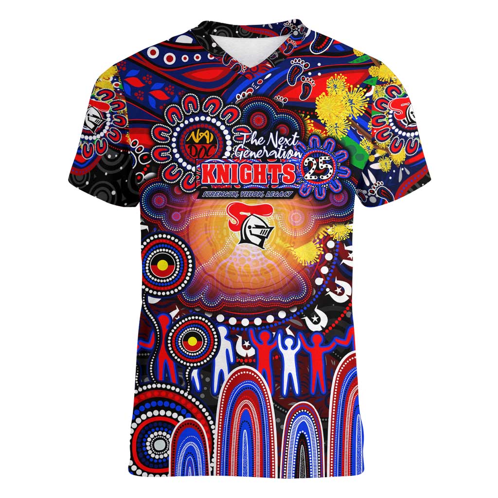 Personalised NAIDOC Week 2025 Knights Rugby Women V-Neck T-Shirt Aboriginal Dot Painting