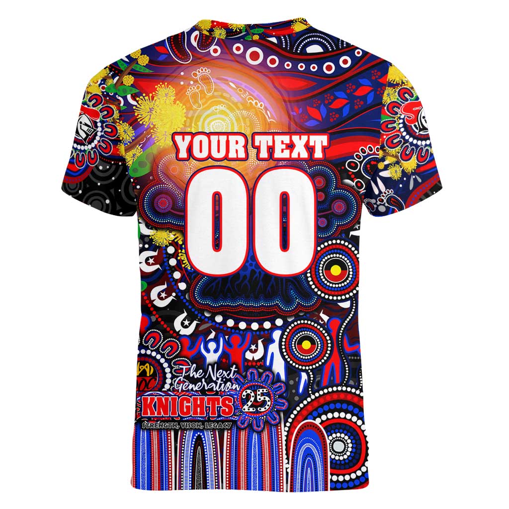Personalised NAIDOC Week 2025 Knights Rugby Women V-Neck T-Shirt Aboriginal Dot Painting