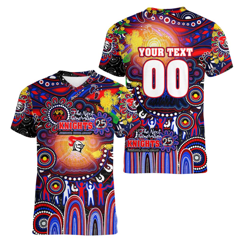 Personalised NAIDOC Week 2025 Knights Rugby Women V-Neck T-Shirt Aboriginal Dot Painting