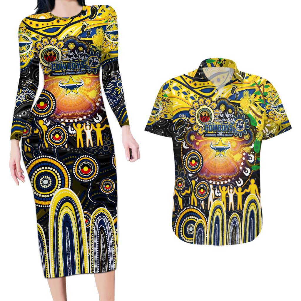 Personalised NAIDOC Week 2025 Cowboys Rugby Couples Matching Long Sleeve Bodycon Dress and Hawaiian Shirt Aboriginal Dot Painting