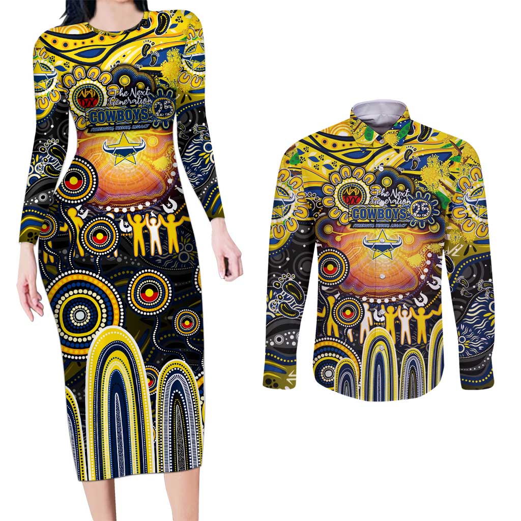 Personalised NAIDOC Week 2025 Cowboys Rugby Couples Matching Long Sleeve Bodycon Dress and Long Sleeve Button Shirt Aboriginal Dot Painting