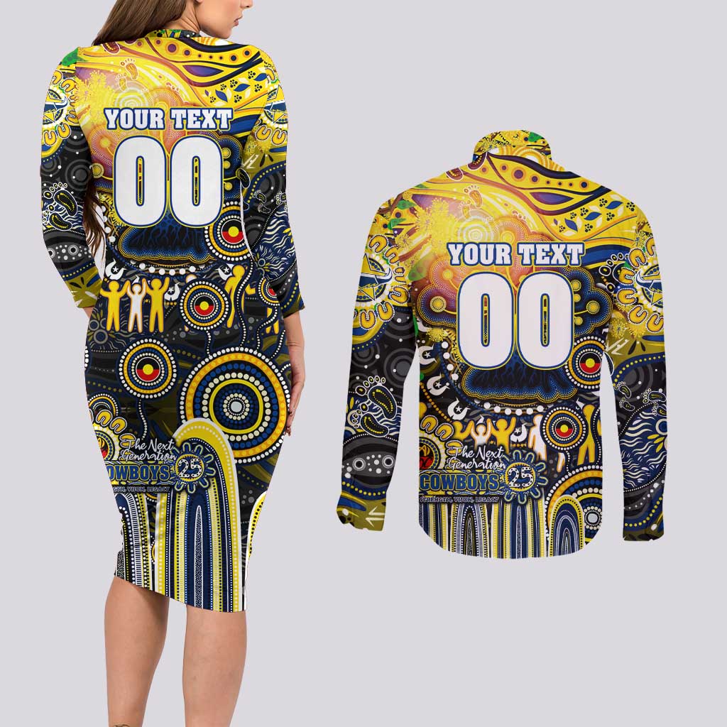 Personalised NAIDOC Week 2025 Cowboys Rugby Couples Matching Long Sleeve Bodycon Dress and Long Sleeve Button Shirt Aboriginal Dot Painting