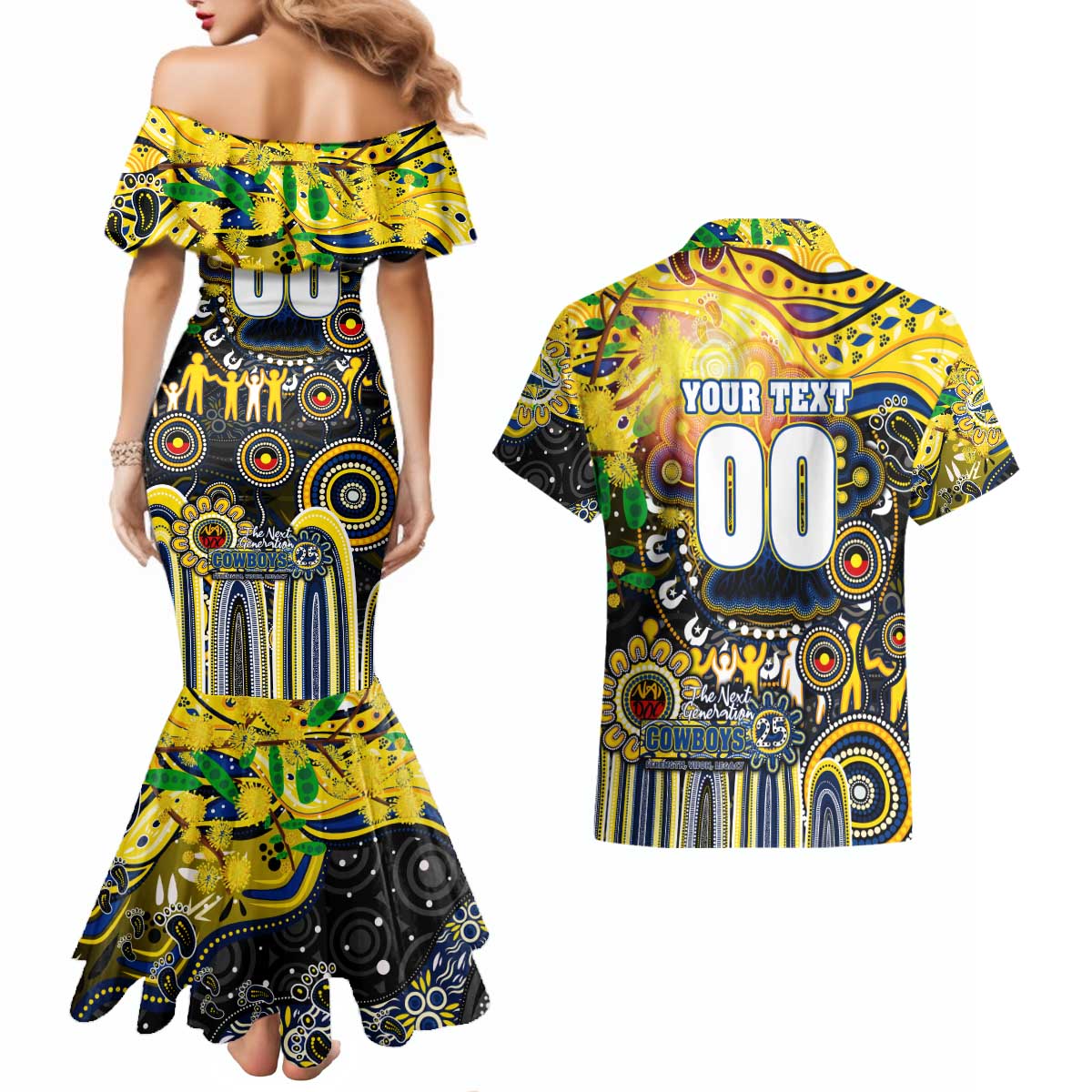 Personalised NAIDOC Week 2025 Cowboys Rugby Couples Matching Mermaid Dress and Hawaiian Shirt Aboriginal Dot Painting