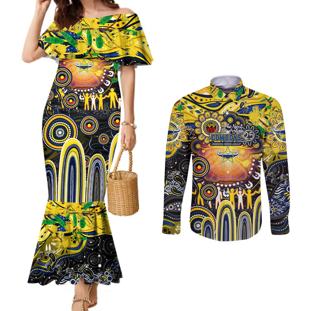 Personalised NAIDOC Week 2025 Cowboys Rugby Couples Matching Mermaid Dress and Long Sleeve Button Shirt Aboriginal Dot Painting