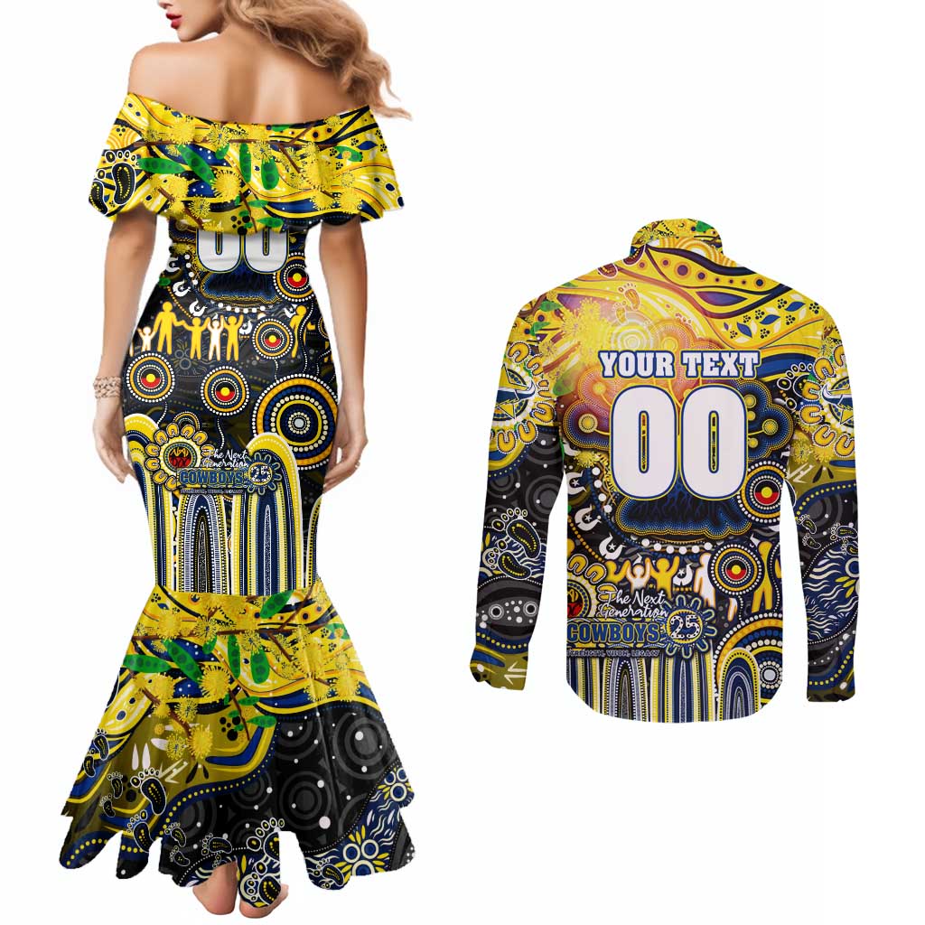Personalised NAIDOC Week 2025 Cowboys Rugby Couples Matching Mermaid Dress and Long Sleeve Button Shirt Aboriginal Dot Painting
